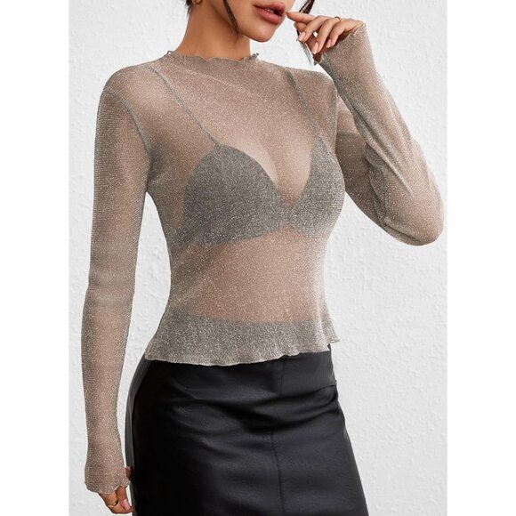 Women's Mesh Sheer Top Small Party Clubwear Glitter Long Sleeve Shirts - Picture 5 of 5